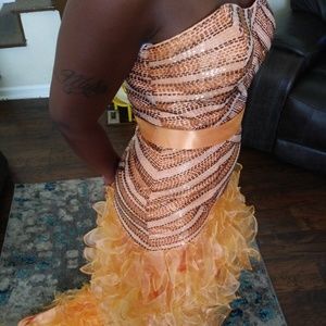 Orange high low dress with train